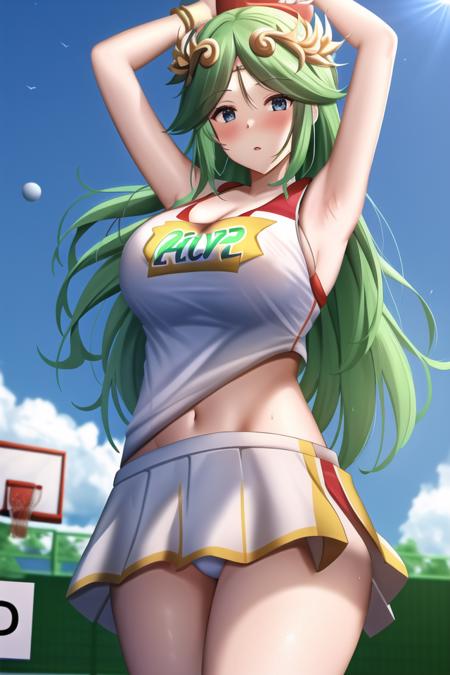 <lora:Palutena:.6>, palutena, masterpiece, best quality, 1girl, ahoge, arm up, ball, basketball, basketball court, basketball hoop, basketball jersey, basketball uniform, blue sky, blurry, blurry background, blush, bra, bra peek, breasts, cleavage, cowboy shot, fence, holding, holding ball, looking at viewer, no pants, number print, outdoors, parted lips, green hair, shirt, sky, solo, sportswear, thighs, underwear, wristband