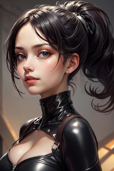 (masterpiece, best quality:1.4), high detail, (detailed face), detailed eyes,1girl, feature, (masterpiece, best quality), bsdm, high ponytail, black hair, leather, catsuit, highly detailed, cleavage, smirk, (detailed face:1.2),<lora:more_details:0.3> ,<lora:GoodHands-beta2:1>, <lora:GPTS4 dreamwave full_478773:0.4>