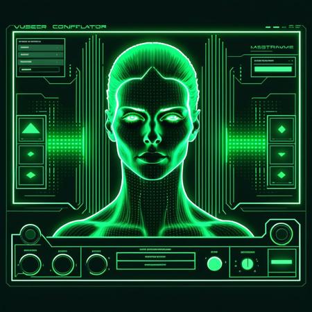 Dark, masterpiece, illustration, highly detailed, synthwave album cover, energetic, retro futuristic screen with a configurator to configure the perfect woman, pixel art wireframe woman with glowing green pixels against dark green background, user interface with sliders and knobs