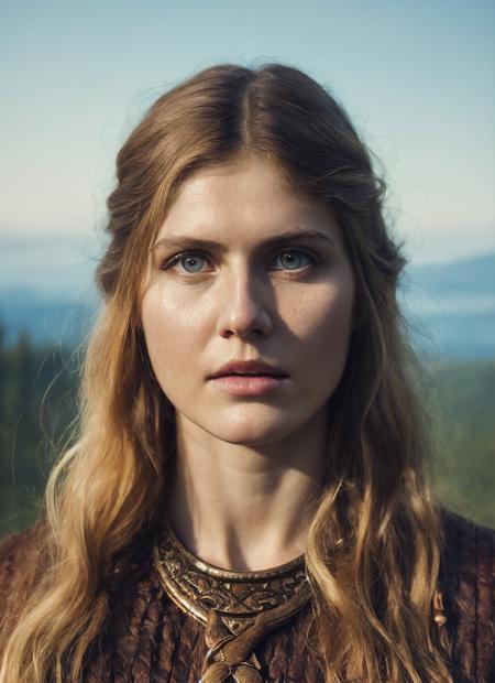 A stunning intricate full color portrait of (35 years old sks woman:1) as (viking warrior), (barbarian),  epic character composition, by ilya kuvshinov, alessio albi, nina masic, sharp focus, natural lighting, subsurface scattering, f2, 35mm, film grain, <lora:locon_alexandra_v1_from_v1_64_32:1.3>