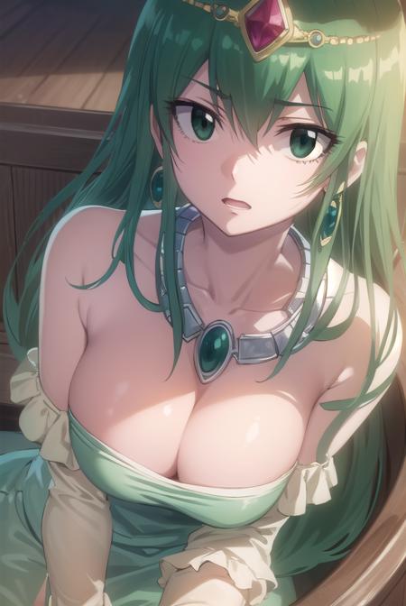 hisui, long hair, (green eyes:1.5), green hair, hair between eyes, dress, cleavage, bare shoulders, jewelry, earrings, necklace, tiara, crown,