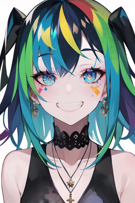 (masterpiece, best quality:1.2), <lora:style_ramdayo-20:1>, upper body, solo, 1girl, facial mark, grin, looking at viewer, multicolored hair, blue hair, red hair, green hair, hair ornament, multicolored eyes, glowing eyes, bright pupils, jewelry, pendant, earrings