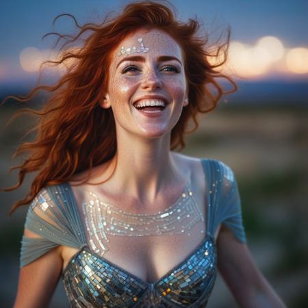 evocative photo of an extremely beautiful readhead woman wearing a revealing dress made out of mosaic, traditional media,  windswept hair, freckles, laughing, extremely pleased expression, dusk, lightrays, godrays, lens flares, bokeh,