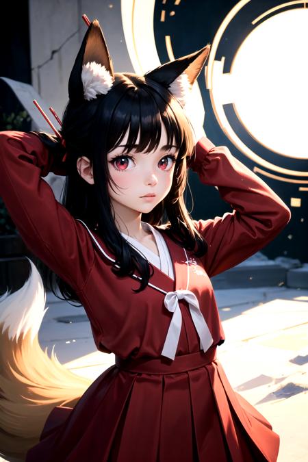 (detailed face and eyes:1.3),
<lora:naenarachan:1>,naenarachan,1girl,solo,red eyes, black hair,single hair bun,(hair stick:1.4),hair pin,long hair,hair ornament,fox ears, fox tail,red tail,korean clothes, red shirt,blue skirt,pleated skirt,  long sleeves,hanbok,white bow,red footwear, serafuku,
Ultra-detail,(highres:1.1),best quality,(masterpiece:1.3),cinematic lighting, Arms above head pose:1.4,|| ||:1.2