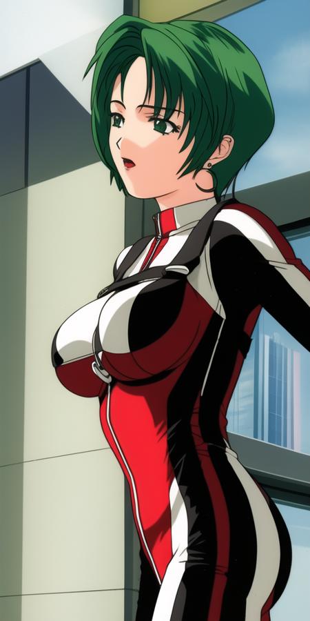 masterpiece, best_quality, highres, <lora:MiliaFallyna:0.7>, MiliaFallyna, solo, large_breasts, green_hair, short_hair, MiliaVFPilotSuit