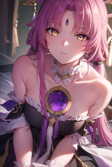 fu xuan, (yellow eyes:1.5), forehead jewel, hair ornament, hair stick, long hair, low twintails, parted bangs, pink hair, twintails, bare shoulders, black dress, bridal gauntlets, detached collar, detached sleeves, dress, jewelry, neck ring, pantyhose, skirt, white pantyhose, white skirt,