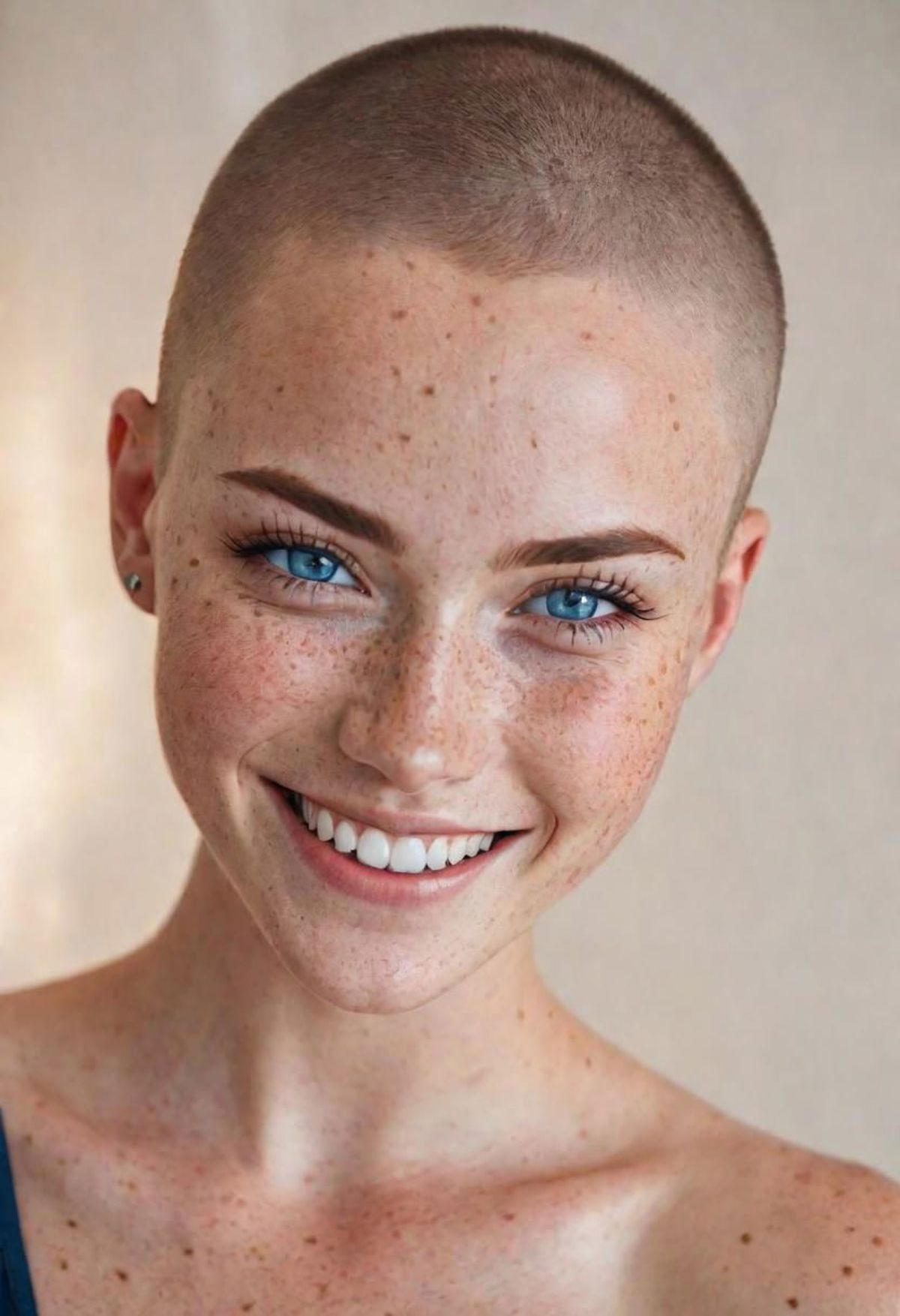 A young woman with a shaved head and blue eyes is smiling for the camera.