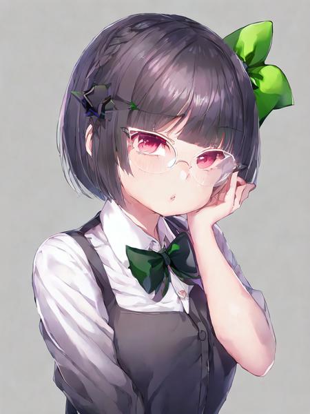 hair flower,star hair ornament,glasses,collared shirt,green bowtie,1girl,short hair,buttons,parted lips,looking at viewer,portrait,cropped shoulders,grey background,simple background,black ribbon,by ichinomiya yuu,solo,blunt bangs,black flower,hair ribbon,gradient background,star (symbol)