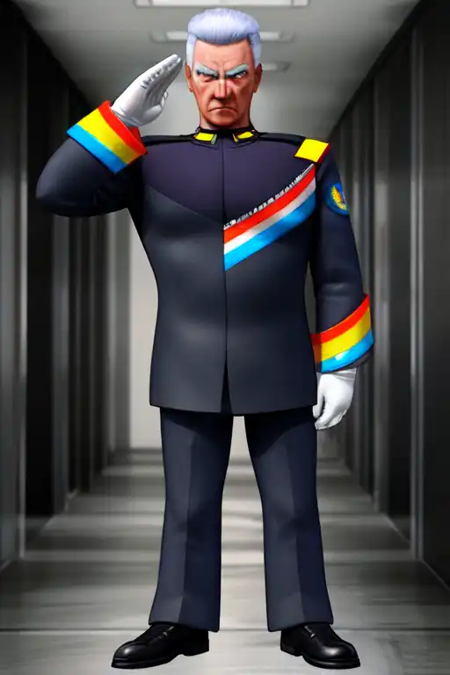Commander, white hair, serious, dark gray military uniform,