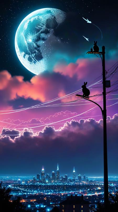 Moon-glittered rabbits, soaring above the clouds, Urban streetlight haze, sunny with clear skies, dramatic noir lighting, telephoto compressed perspective, conversational medium shot, doodle art spontaneous lines, mercurial liquid metal, bright neon light streaks, low horizon, vast sky, prism rainbow splitting.