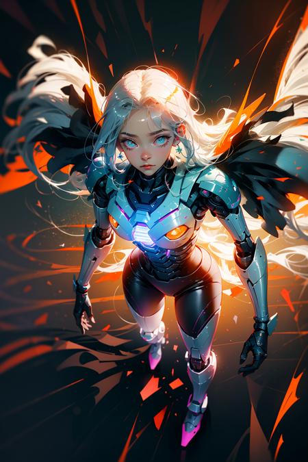 robot,(1 girl:1.4),(full body:1.4),Wearing a white combat suit,Mecha Wings,mecha,(Battle Posture:1.2),(from above:1.2),(A beam of light on the face:1.3),Long hair fluttering,Mighty,Vision,Screen,cable,glowing,Fire,foreshortening,pov,Depth of field,cinematiclighting,((masterpiece)),(realistic:1.2),(high detial, intricate details, hyper detailed:1.2),(8k uhd:0.2),((best quality,high quality,masterpiece)),(best quality:1.2),(soft and bright lighting:0.6),<lora:aki:0.3>,