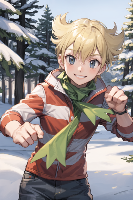 masterpiece, best quality, <lora:BarryLora:0.7>, barry \(pokemon\), 1boy, solo, striped shirt, jeans, smile, energetic pose, snow, forest, pine tree, green scarf,