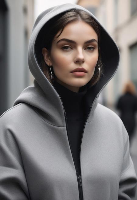 Parameters: 8k, hyper-realistic, cinematic quality, photorealistic, black-and-white photography, HDR, soft natural lighting, fine texture detail, editorial composition, urban casual atmosphere, matte finish.
Subject: Minimalist Grace, a female model with a short, tousled haircut wearing a graphic hoodie layered under an oversized tailored coat. She accessorizes with bold hoop earrings, her playful and candid expression captured as she adjusts her hood, exuding effortless charm and street-style sophistication.
Instructions: Create a black-and-white editorial portrait set in an urban street environment with a soft focus on the background. The composition should highlight the layers and textures of the outfit, blending casual and structured elements. Utilize natural, diffused lighting to emphasize the model’s joyful expression and the bold typography on the hoodie for a dynamic, relatable aesthetic.
Style Reference: Inspired by contemporary streetwear campaigns and urban fashion editorials, blending casual confidence with refined layering for a modern, approachable look.
Camera Settings: Canon EOS R5, 50mm f/1.8 lens, ISO 400, f/2.5 aperture, 1/250 shutter speed, natural soft lighting emphasizing details while maintaining a candid, authentic vibe.