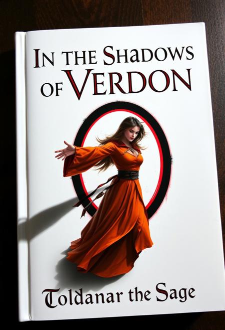 Create a book cover called ("In the Shadows of Verdon"), the letters of the title are cast as a dark shadow on the page coming from afar, the cover is white, in the middle of the book there is a beautiful Summoner brunette woman in fantasy wizard orange clothing being pulled into a black portal with a red edge, there is extreme foreshortening as she extends her arm towards the viewer while her body is pulled inside the black portal with the red outline.  The book cover has vivid colors with a color silver and white and red color pallette very well rendered and extremely detailed, at the bottom are the name of the author ("Toldanar the Sage") written in english with a fancy French font surrounded by magical runes