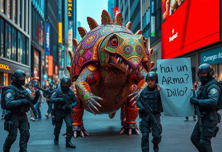 In a bustling city street, a large, highly detailed “armadillo” stands proudly. This  creation features vibrant colors, intricate designs, and advanced-looking holographic effects, making it look surprisingly sophisticated for its medium.
In front of this whimsical spectacle, a well-equipped SWAT team, dressed in full tactical gear, is engaged in a heated discussion. One member of the team, holding a comically oversized magnifying glass, scrutinizes the armadillo with a puzzled expression. Another team member, with a stern face, holds up a sign that reads: “hai un Arma? Dillo!”