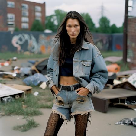 bellahadid <lora:bellahadid_lora_xl:1> analog film cropped photo woman,Slim and svelte with a slender waist and hips,Posing with hands in pockets for a casual stance ,black Black hair ,messy hair,long hair blowing in the wind,thin,small breasts,Oversized flannel shirt,ripped fishnet stockings,combat boots.,Graffiti-covered urban skate parks .faded film,desaturated,35mm photo,grainy,vignette, vintage,Kodachrome,Lomography,stained,highly detailed,found footage