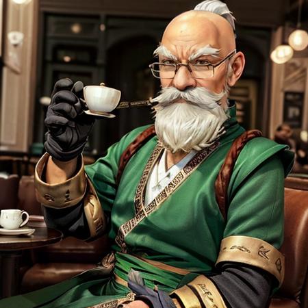 (((a man is sitting in a cafe drinking tea))) <lora:KnolanBattleChasersLora:0.7> 1boy, male focus, facial hair, beard, mustache, old man, white hair, glasses, bald, gloves, staff, Highly detailed,masterpiece, best quality