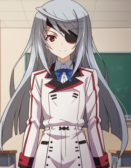 laura bodewig, long hair, red eyes, grey hair, eyepatch, school uniform, ribbon, blue ribbon, long sleeves, red trim, uniform, military uniform, white military uniform, maid, maid headdress, frils, juliet sleeves, puffy sleeves,