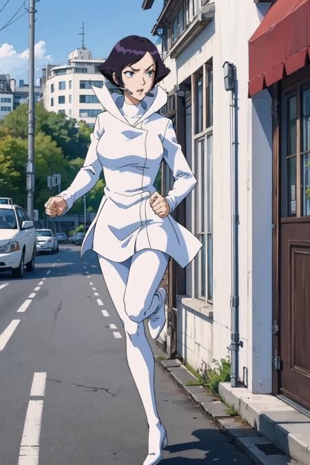 masterpiece, best quality, mmmom, purple hair, white coat, headset, white pantyhose, white boots, large breasts, from side, running, furrowed brow, city <lora:mom-nvwls-v1-000010:0.9>