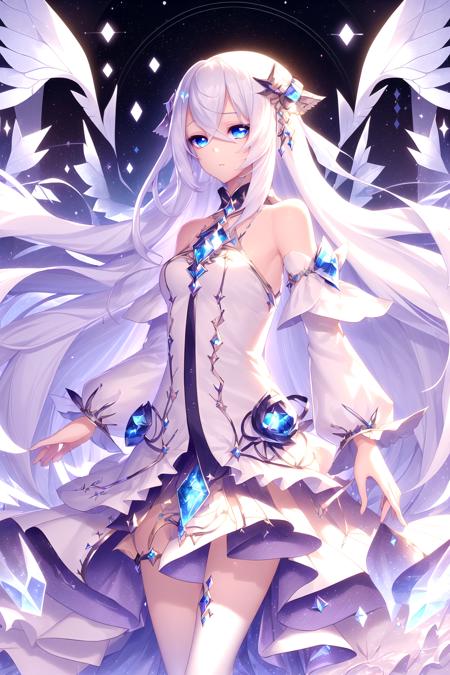 1girl, solo, long hair, white hair, blue eyes, diamonds, fantasy, long dress <lora:ral-dreamguardian-sd15:1> ral-dreamguardian