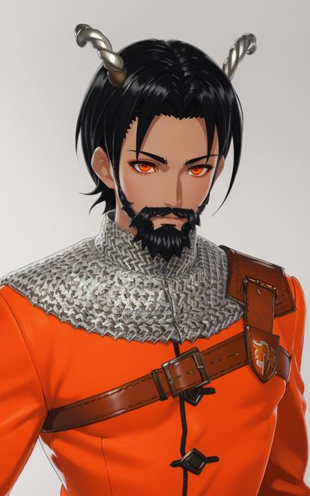 sehele style, (((tanned skin))), sajevtu, (((a man))), a male anime character in (((an orange coat))), black hair, (small goatee beard), ((two small twisted silver horns)), (((orange goat eyes))), chainmail coif, (((determined))), leather weapon harness, XIV Century Russian Soldier Uniform, silver silk sash, intricate patterns, 8k, unreal engine, octane render, 8k, 4k, Unreal Engine 5, octane render, trending on pixiv, fanbox, skeb, masterpiece, smooth soft skin, big dreamy eyes, beautiful intricate colored hair, symmetrical, anime wide eyes, soft lighting, concept art, digital painting, <lora:sehele:0.4>, <lora:sajevtu:0.4>