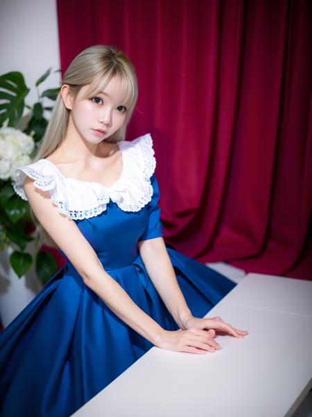 best quality, yurisa,ultra high res, (photorealistic:1.4), 1girl, solo focus, ((blue long dress)), elbow dress, black thighhighs, frills, ribbons, studio background, (platinum blonde hair:1), ((puffy eyes)), looking at viewer, facing front,