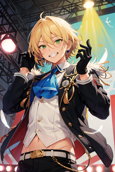 <lora:AiraShiratori-03:0.7> ,aira shiratori, solo, looking at viewer, smile, blonde hair, shirt, gloves, long sleeves, 1boy, hair between eyes, jewelry, green eyes, jacket, upper body, male focus, earrings, teeth, black gloves, grin, ascot, feathers, tassel, half gloves, stage lights