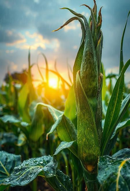 a bunch of milpa plants, with water droplets on them, milpa dripping, a Gaint milpa planting system, corn, bushes of squash, beans, wearing a milpa, milpa dripping juice, milpa, milpa wall, “milpa, rainy background, raindrops, wild milpa plants, beautiful art uhd 4 k, clear liquid and snow, nature wallpaper, gems and diamond for milpa plants, rain drops, 32k, rain drops, sun shining behind the glowing clouds,