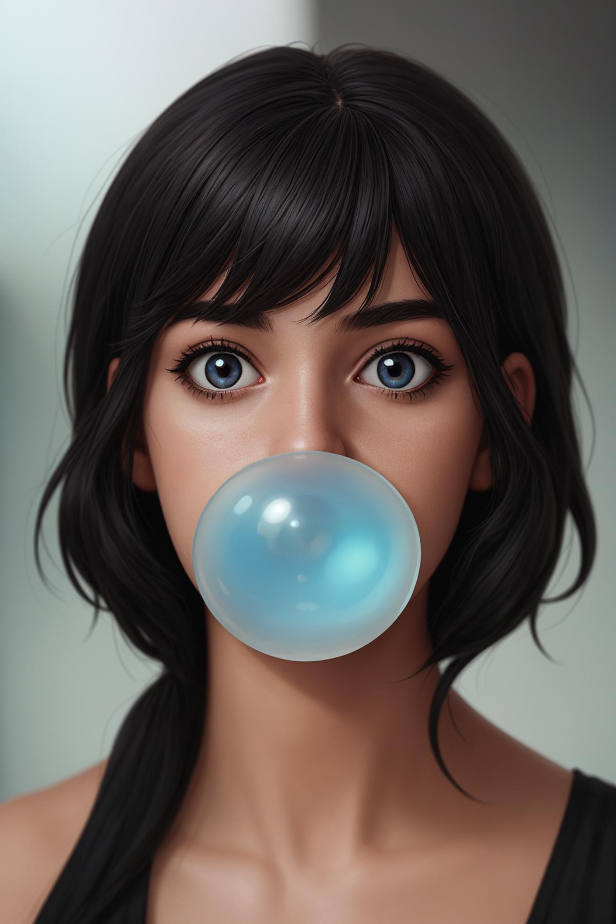A beautiful girl with black hair and blue eyes blowing a large bubble.