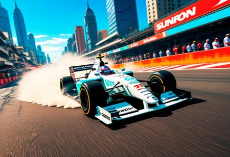 *"Create a high-energy 2D anime-style illustration (4K) in a mythic retro 90s aesthetic, depicting a white 1990s Formula 1 car racing at breakneck speed through a chaotic city street. The scene is set in broad daylight—bright, saturated colors with a warm sun casting sharp shadows. The F1 car is in a dynamic side view, mid-drift, with exaggerated motion lines, smoke, and tire marks emphasizing its insane speed. The mythic car’s sleek white body gleams under the sunlight, with sponsor decals and aerodynamic details meticulously rendered. Inside the cockpit, a determined male driver in a crisp white racing helmet grips the wheel, his intense focus visible through the visor. The cityscape is dense—towering buildings, bustling streets, and neon signs blurring past. Pedestrians and other cars scatter in panic as the F1 car dominates the road, kicking up dust and debris. The art style mimics classic 90s anime: bold outlines, cel-shaded textures, and vibrant colors with a slight grain for nostalgia. The composition is dynamic, with speed streaks, lens flares, and a fisheye perspective to heighten the adrenaline. Background details include skyscrapers, overpasses, and a deep blue sky with scattered clouds for contrast."*
,