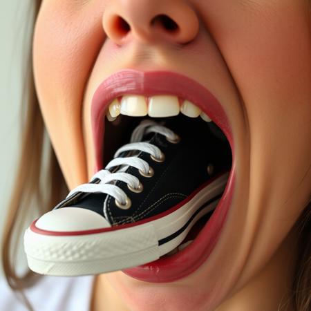 woman with her mouth open. there is a size 6 women's sneaker inside her mouth
(((black-canvas-women's-converse-sneakers))),