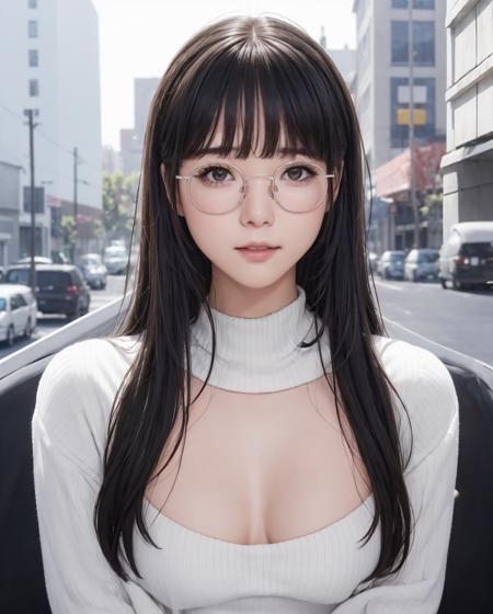 pureerosface_v1, best quality, photorealistic, 8k, high res, 1girl, woman, (skindentation), (portrait:0.6), ((cityscapebackground:1.6, smallsize round breast, thinframe glasses, highneck sweater:1.5)), straight-looking at viewer:1.8, (1girl eyes looking at viewer:1.45, medium-length hair, blackhair, partedbangs:1.45), photorealistic, (bokeh),   <lora:CBGV-umi:0.65>