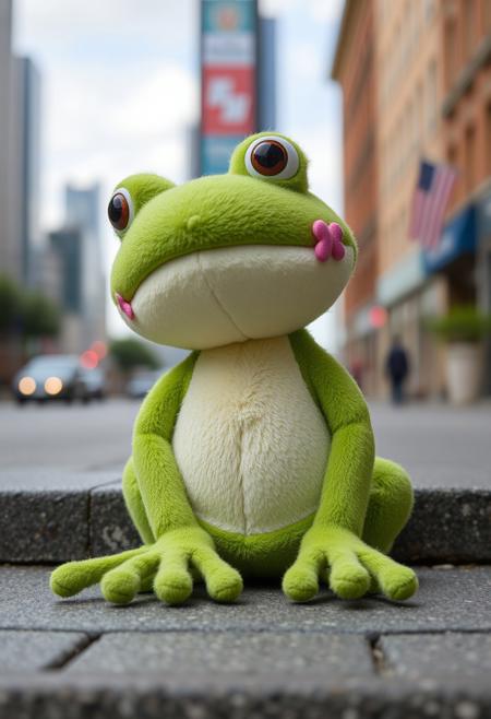 A soft cute stuffed frog named Freddy, the frog is cute, optimistic and cheerful , kind eyes, today Freddy finds himself in the city, getting to know an unfamiliar area of town, but Freddy is confidant he can own the day