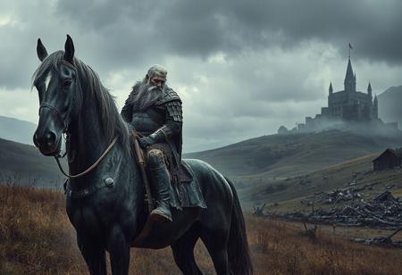 Old warrior sitting on massive horse, large old man, muddy, scarred, dented armor, sad horse, mist, , weary head down in weariness and sadness, sword hanging by his side, castle in the distance, tired after great battle, last man alive, amor, beard, silhouette, raining, hill, after a great battle, debris of battle strewn around the hill, sweeping background landscape, storm clouds in the distance, muted colours, grassland, foot hills, eldritch landscape, armor, heavy swords, dead bodies, blood in the mud, fantasy art, medieval
