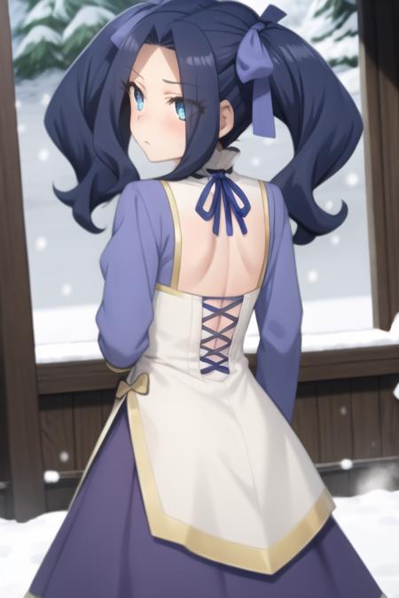 <lora:sh_melty:1> melty, 1girl, blue eyes, eyes visible through hair, hair intakes, bangs, purple hair, bangs, forehead, very long hair, twintails, parted bangs, hair bow, hair ribbon,
dress, long sleeves, blue dress, neck ribbon,
from behind, snow angle