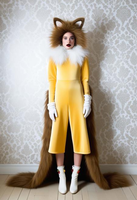 furry female, solo, full body, furry face, cute face, Avant-Garde wearing, Outlandish fashion, Extravagant wearing, Eclectic fashion, Unconventional, Theatrical, Eccentric, Experimental, Statement Piece, Whimsical,plushy, cute, from front, masterpiece,best quality,very aesthetic, absurdres, sfw, long shot, indoor, white wallpaper, 
masterpiece,best quality,very aesthetic, absurdres, newest,