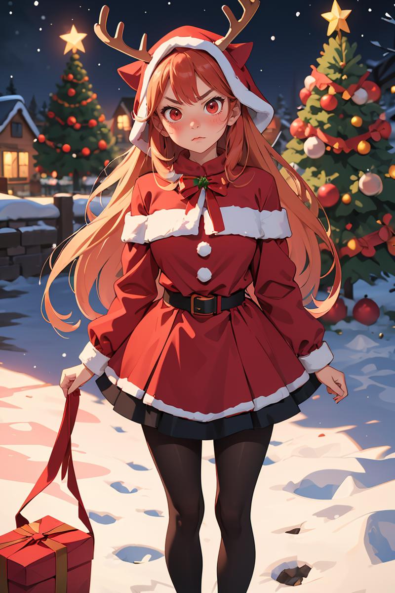 A Christmas-themed illustration of a young girl in a Santa costume.
