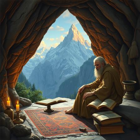 Fantasy artwork in the style of Boris Vallejo and Julie Bell. Philemon the ascetic monk sitting in the cave he calls home, outside the cave opening a spectacular mountain view. candles, rug, manuscripts