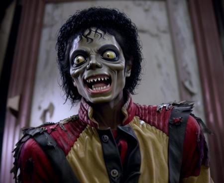 mjthriller michael jackson zombie laughing in the movie theater, intricate detail, detailed face, very sharp, high quality, professional photography  <lora:hjmjthriller_v10:0.9>