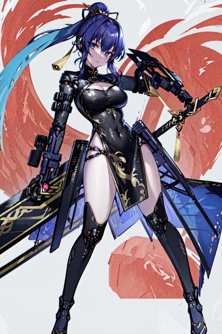 masterpiece, best quality, 1girl, <lora:CyberChinese2:1>,mechanical arms, china dress, sword,long sleeves, holding weapon, holding, holding sword,