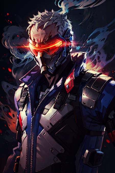 soldier76, mask, glowing visor,  jacket, upper body, smoke, low light, best quality, <lora:soldier:0.7>