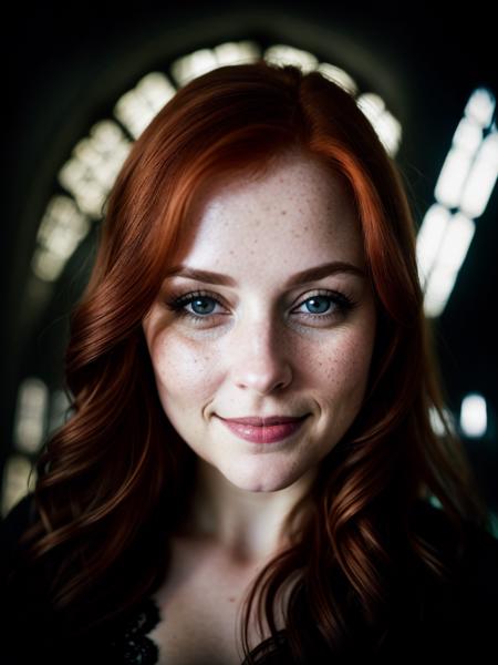 (polaroid), RAW photo, (intricate detailed eyes), alone, from low angle, close up portrait, cheeky smile, 30 yo redhead (woman), thicc, sitting, undressing lace vest, (looking at the camera), intricate details, (arms raised behind head!!), skin imperfections, halo of light, midday sunlight streaks spilling over face, face details, unbelievable intricate details, dark shadows, (dark cathedral), real lighting, bloom, volumetric lighting, cinematic lights (ultra skin texture) (LORA: epiNoiseoffset_v2)