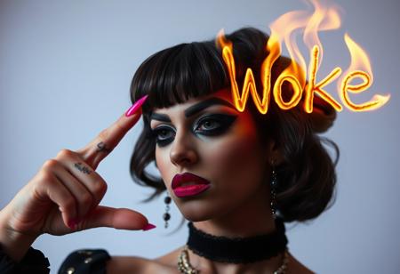 A very young drag queen girl with black makeup and pink nails, looking like she just failed something, shaking her head, drawing the letters "Woke" using flames, in the air, with a finger, on that finger have a tattoo "Shhhh!" photo by helmut newton