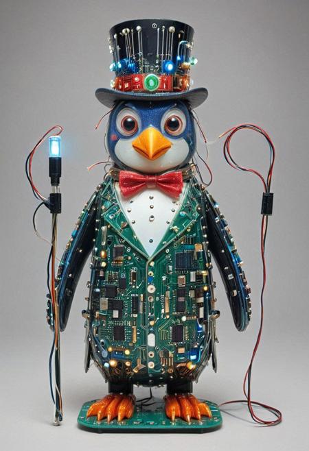 embedding:lazmpos, Transistors, pcb_style, LED, colorful LED lights, RGB lights, red green and blue penguin, art deco, top hat, cane, monocle,RetroBG