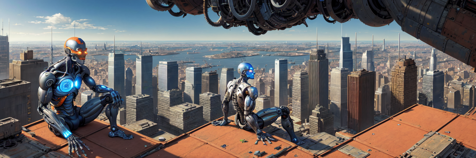 00137-StokeMcToke_Released_Stoked-UltraWide-v1-0_Stoked-UltraWide-v1-0_VAE-1cyborg,_mechanical_and_rusty,_sitting_on_a_roof_looking_down_at_a_vibrant_city_below,_award_winning_painting_by_frank_miller_an.png
