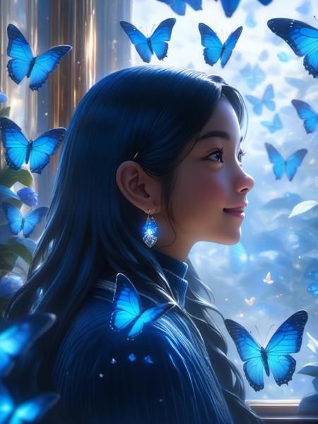 BJ_Teenage_Fantasy, 1girl, solo, long_hair, smile, black_hair, jewelry, upper_body, earrings, indoors, blurry, from_side, lips, profile, bug, butterfly, hoop_earrings, nose, blue_butterfly, butterfly_on_hand,
Anime,8k,intricate,highly detailed,(masterpiece, sidelighting, finely detailed beautiful eyes:1.2),hdr,realistic,high definition,
<lora:Teenage_Fantasy_SDTX_test1:0.7>,