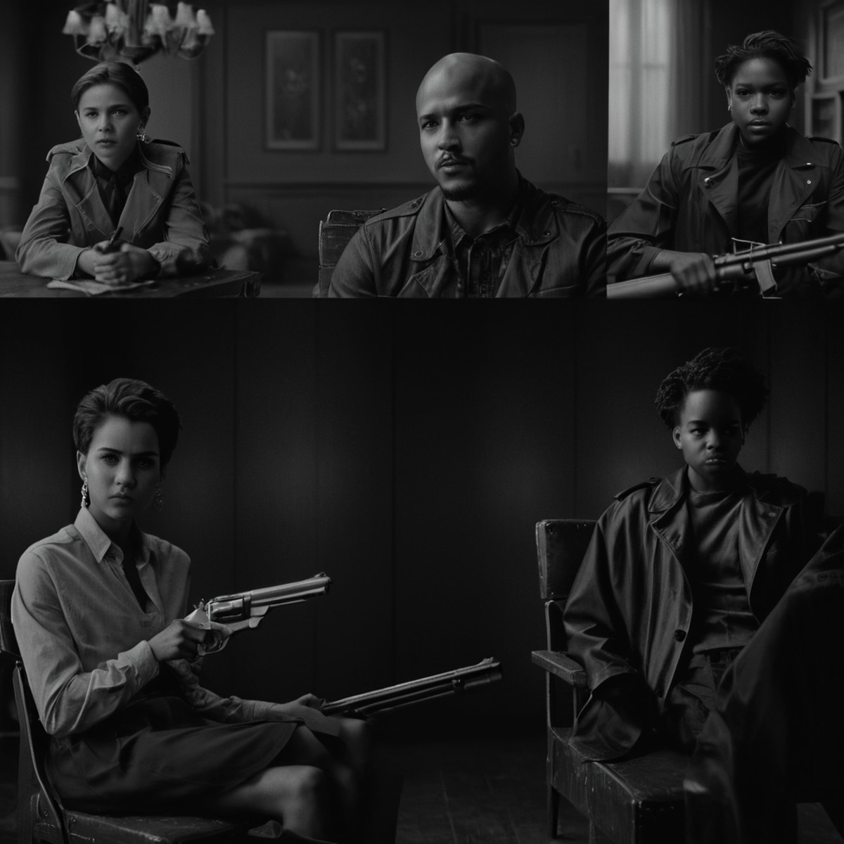 cinematic film still of  <lora:Split Screen Style:1>
three different images of a woman sitting on a chair next to a man,Sp...