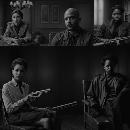 cinematic film still of  <lora:Split Screen Style:1>
three different images of a woman sitting on a chair next to a man,Split Screen Style,1girl,short hair,shirt,dress,holding,sitting,jacket,monochrome,weapon,greyscale,earrings,multiple boys,indoors,dark skin,2boys,holding weapon,gun,facial hair,chair,dark-skinned male,3boys,holding gun,bald , division of the screen, half screen, several simultaneous images, shallow depth of field, vignette, highly detailed, high budget, bokeh, cinemascope, moody, epic, gorgeous, film grain, grainy