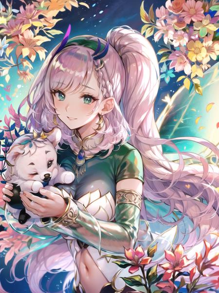 masterpiece, 4k, (best quality:1.4), (highly detailed:1.4),shiny,detailed shadows,sun rays,a picture of reine-long-hair, relaxed,happy,feminine,upper body, (green dress,halter dress,green longs sleeves, floral print, (large fairy wings:1.2),magic,flower crown:1.2), (beautiful forest, flowers, flower field patch, lush vegetation), art by Artgerm, art by gil elvgren, art by ken sugimori, <lora:Pavolia Reine:1>, <lora:colors_v1:1>