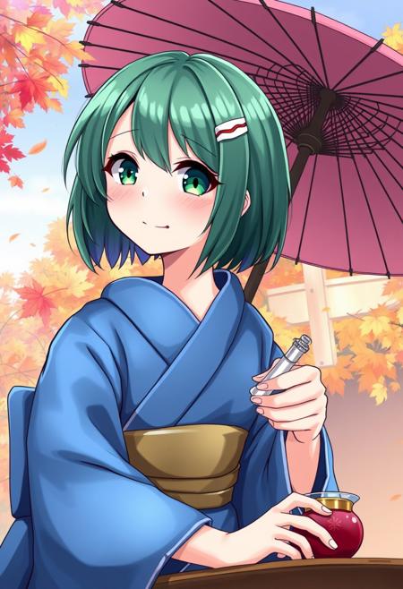 1girl, best quality, masterpiece, anime, anime coloring, smile, looking at viewer,  cute,  <lora:A_XL_momose ginko v3_Animagine31:1> momose ginko, link! like! love live!, short hair, green eyes, black hair, bob cut, hair ornament, Japanese clothes,  long kimono,  blue kimono,  Autumn background, falling autumn leaves,  Japanese umbrella, sitting, drink tea,
